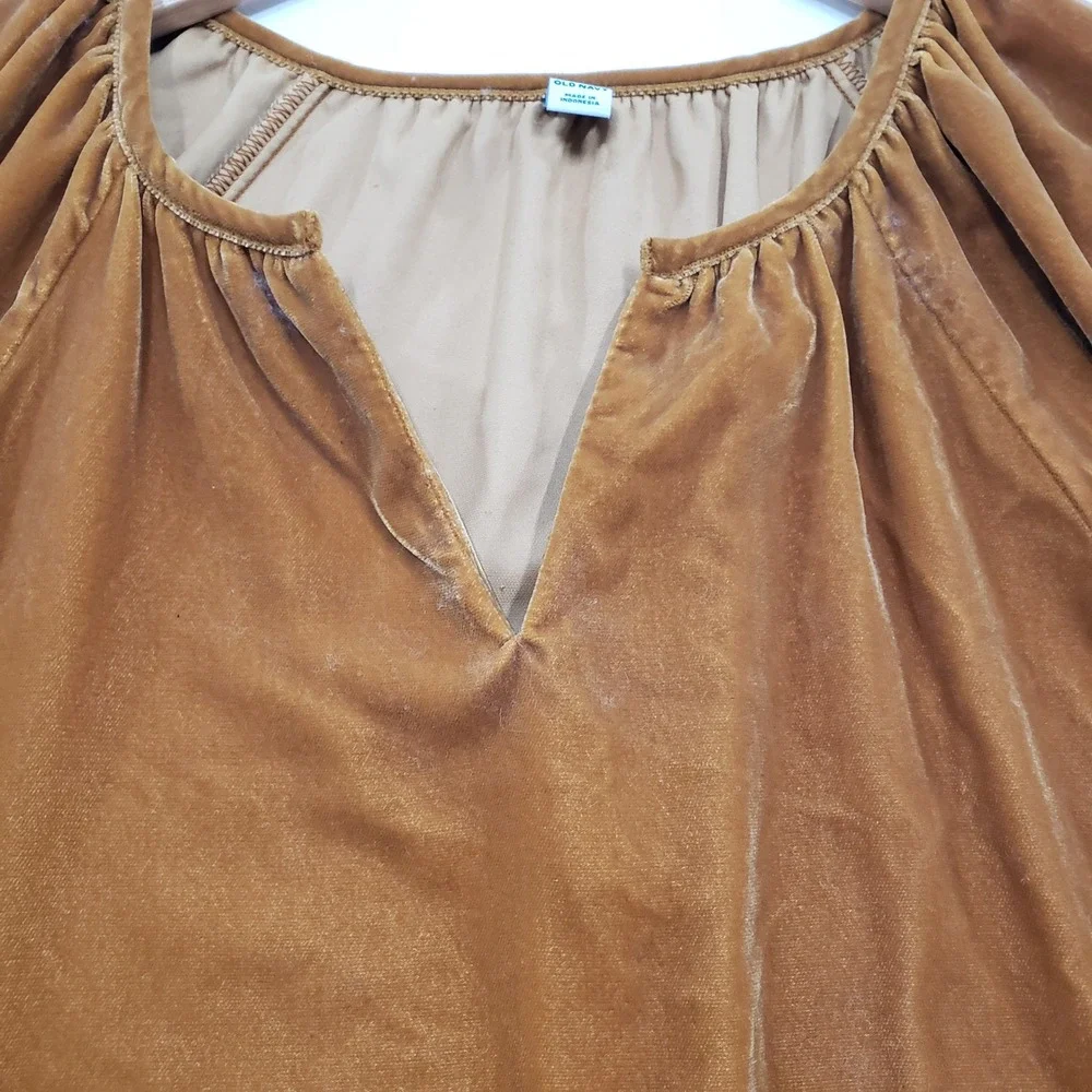 Old Navy Womens Cognac Brown Velvet Puff Sleeve Split Neck Blouse‎ Top Large